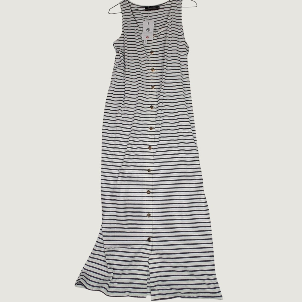 MEROKEETY Maxi Dress Womens Size M Dark Grey Striped Button Front‎ Sleeveless